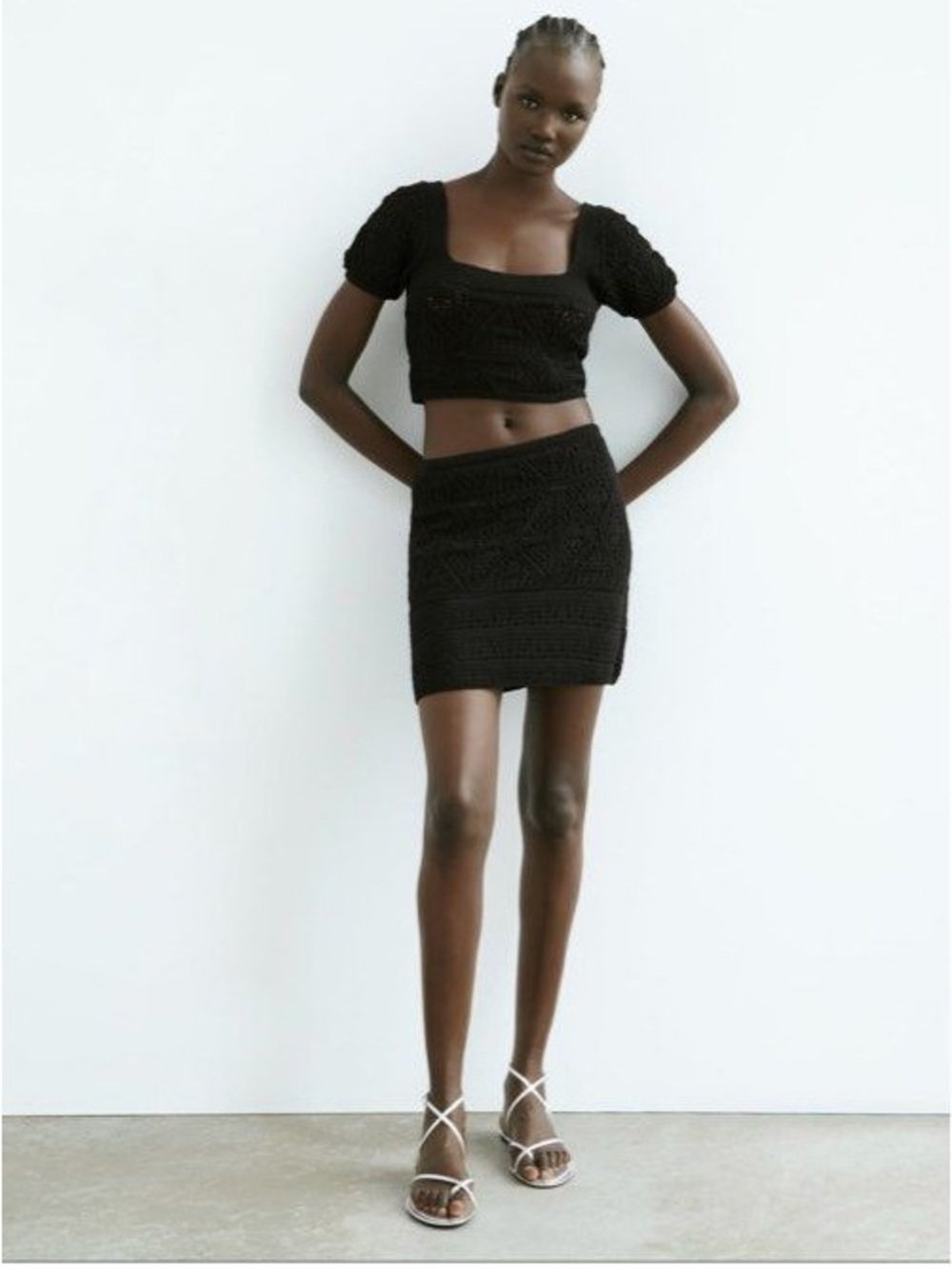 Zara Black Crochet Knit Cropped Top & Mini Skirt Set